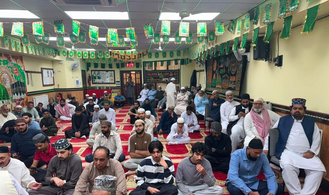 The congregation gathered in the prayer hall at Ghousia Masjid for Mawlid 2026