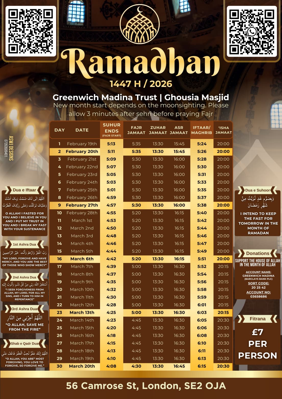 Ramadan 1447H / 2026 Prayer Timetable - Greenwich Madina Trust